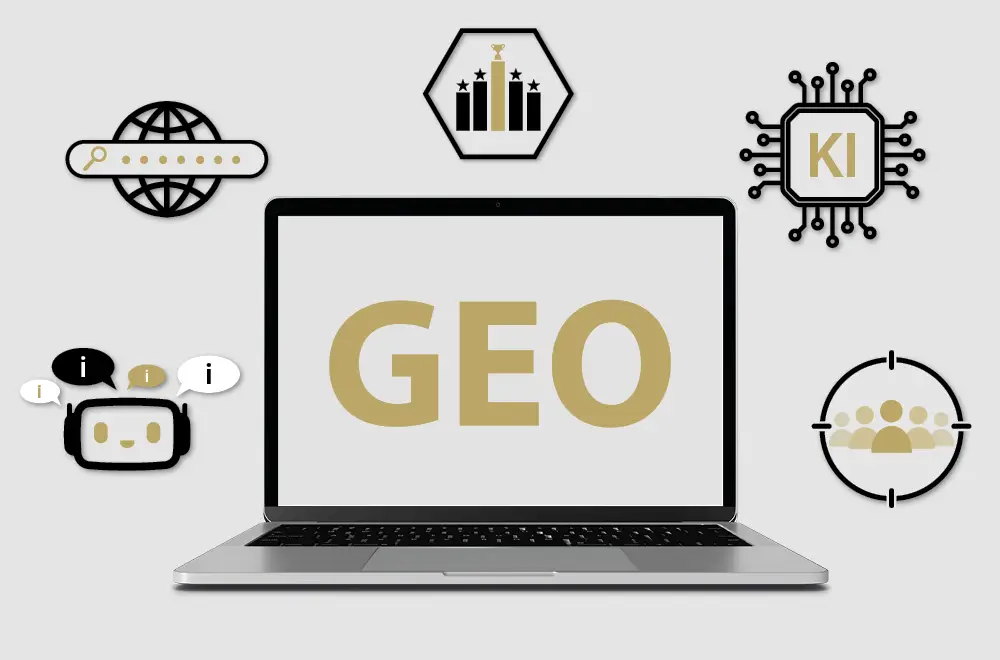 GEO & KI-Sichtbarkeit Ein Laptop das GEO zeigt und diverse passende Icons